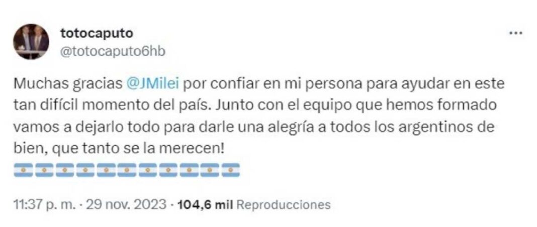 muchas-gracias-por-confiar:-el-mensaje-de-luis-caputo-para-javier-milei-tras-su-confirmacion-como-ministro-de-economia