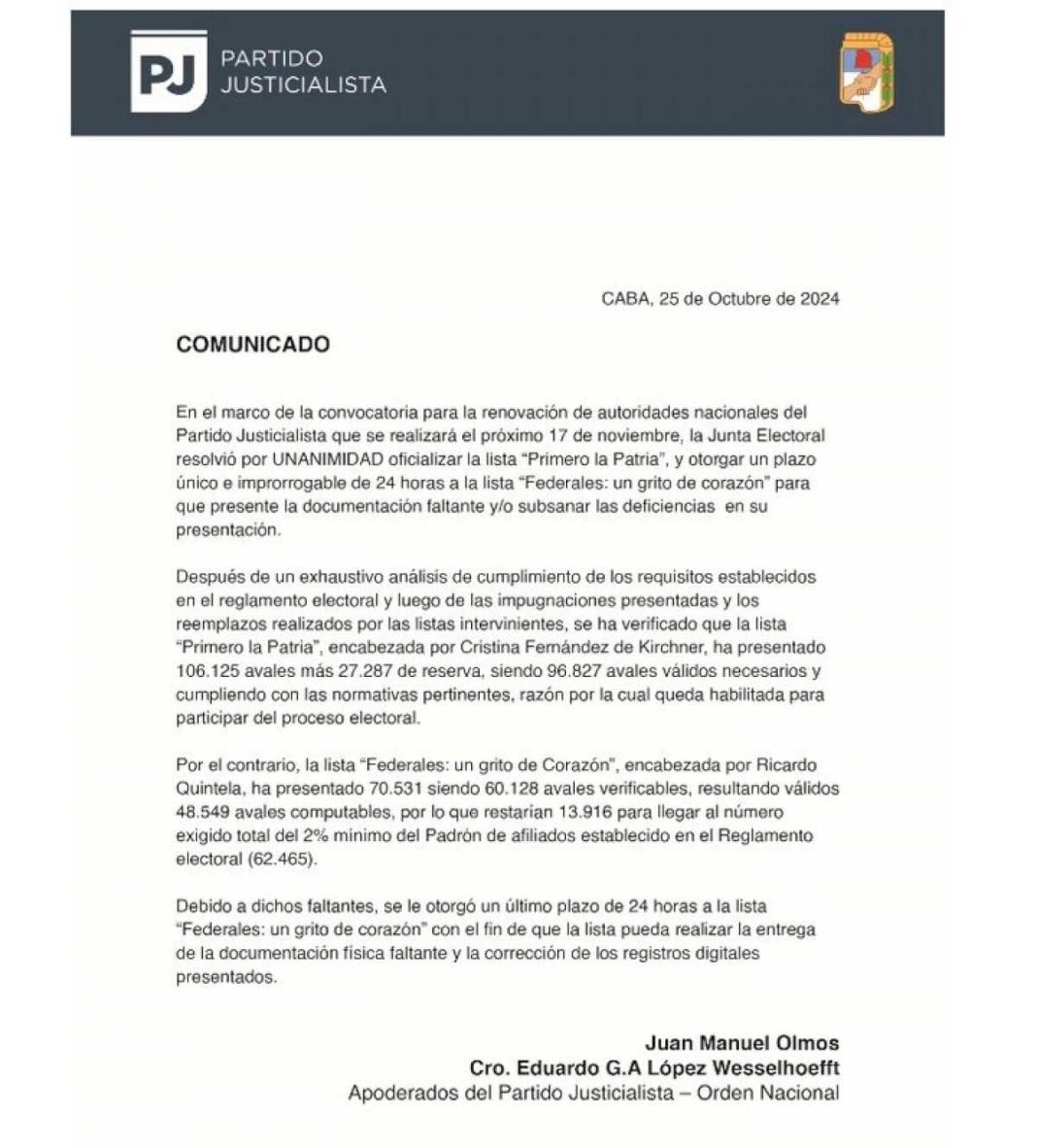 la-junta-electoral-del-pj-rechazo-la-lista-de-quintela-por-no-tener-avales-y-le-dio-un-ultimatum-para-presentarlos